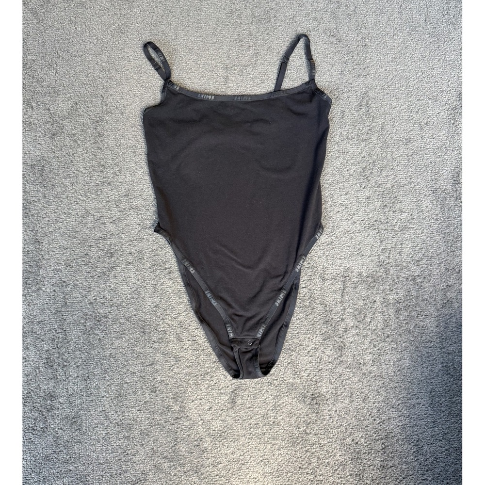 Skims Logo Cotton Jersey Bodysuit Onyx Black Adjustable Straps Size L
